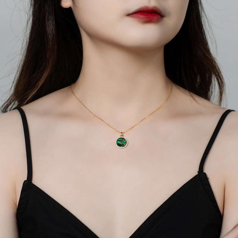 Top Selling Natural Malachite Round Coin Gemstone 925 Silver Gold Plated Chain Dainty Minimalist Layering Necklace for Her