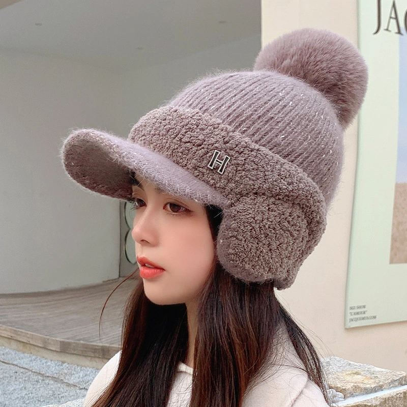 Women Thick Plus Down Duck Tongue Knitted Wool Hat Autumn and Winter Girls Ear Protection Warm Fur Baseball Cap for Ladies