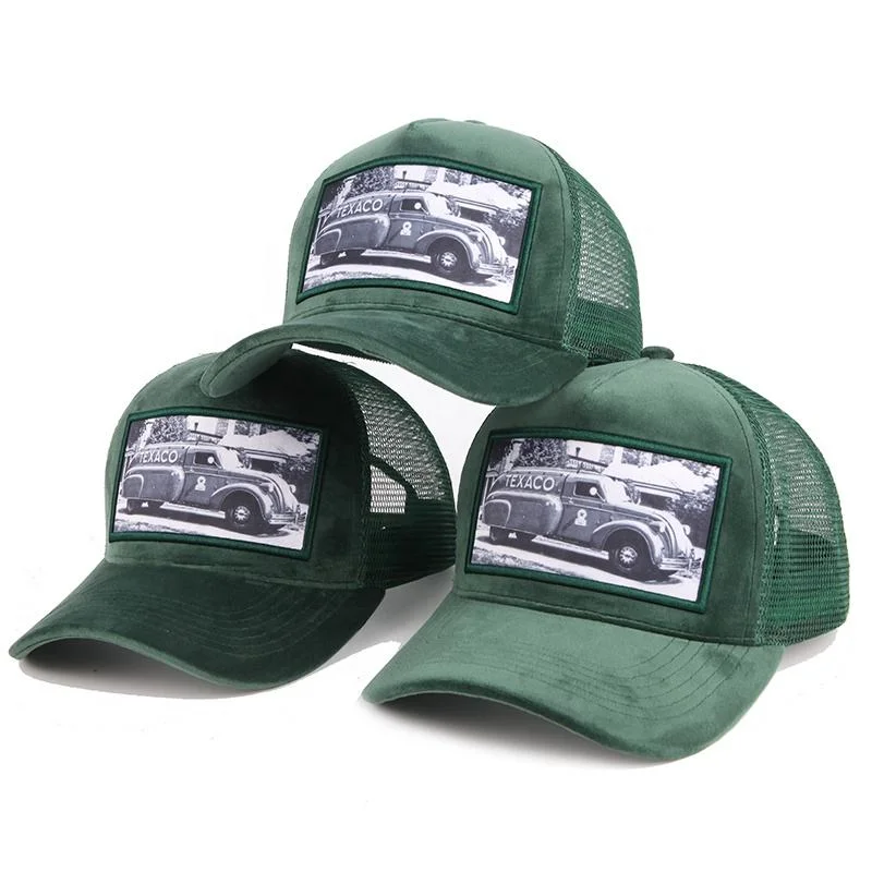 Mens Mesh 5 panneau personnalisé camionneur Patch brodé Gorras Cap Applique un camionneur de velours de chapeaux