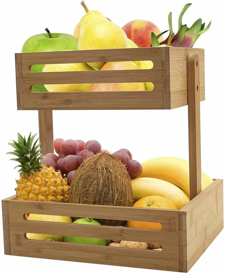 Wooden/Wood Basket/Stand/Tray with 2-Tier for Snacks/Bread/Fruit/Vegetable/Food/Drink Storage