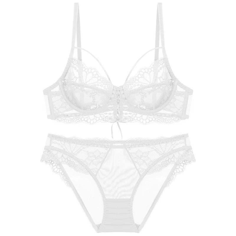 Sexy Ladies Front-Closure Lace Underwire Transparent Breathable Women Underwear Set Lingerie Bra