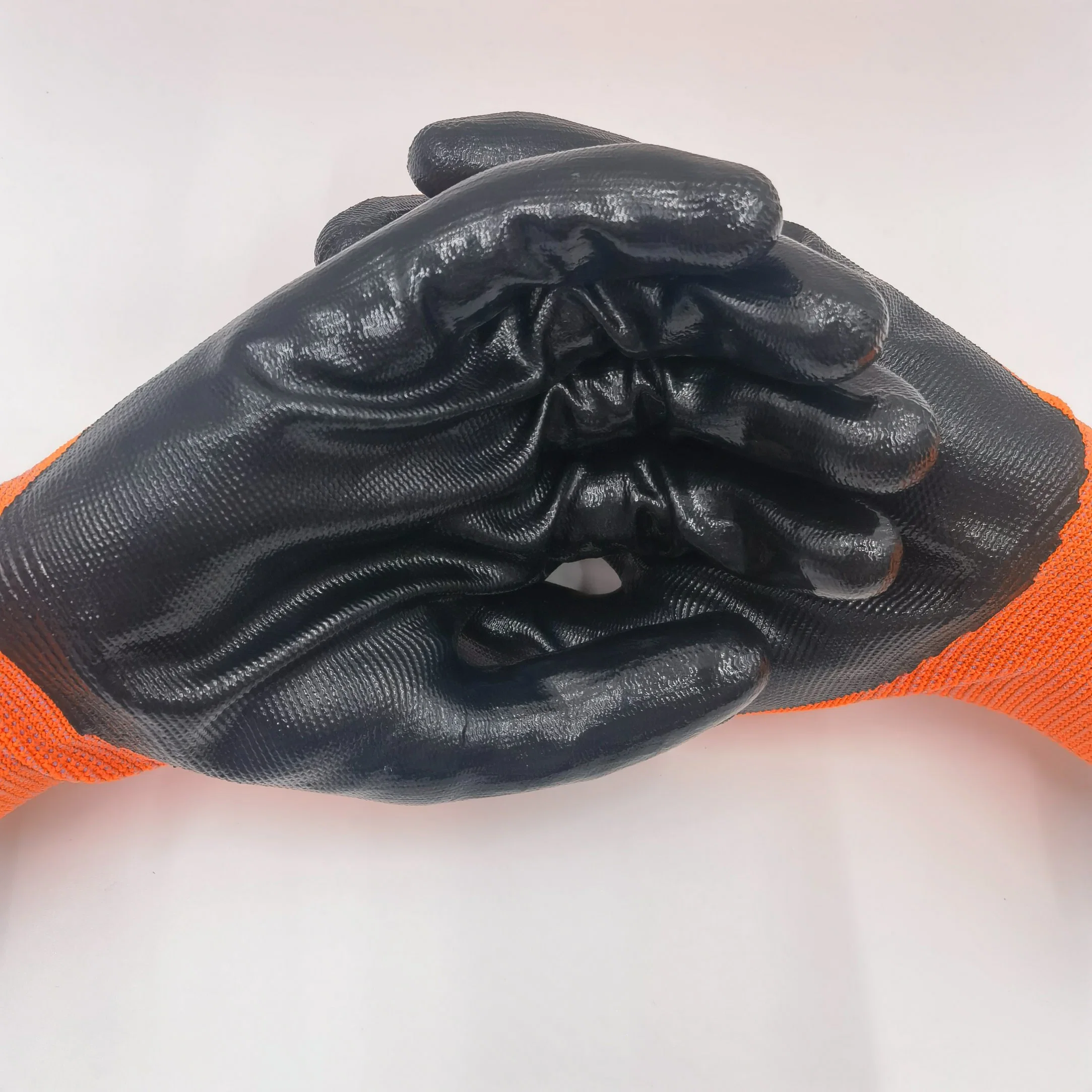 El trabajo de Nylon 13 meden Guantes de nitrilo de poliéster de color naranja con recubrimiento de nitrilo Shell Guantes de trabajo con el logotipo de impresión