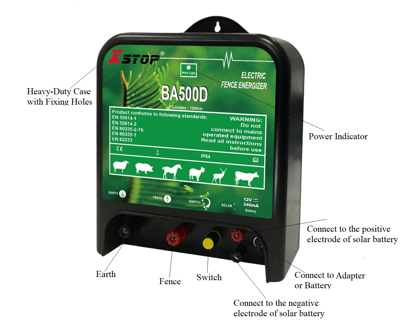 Battery Solar and Adapter Electric Fence Energizer 5 Joules to Protect Cattle Sheep and Crop
