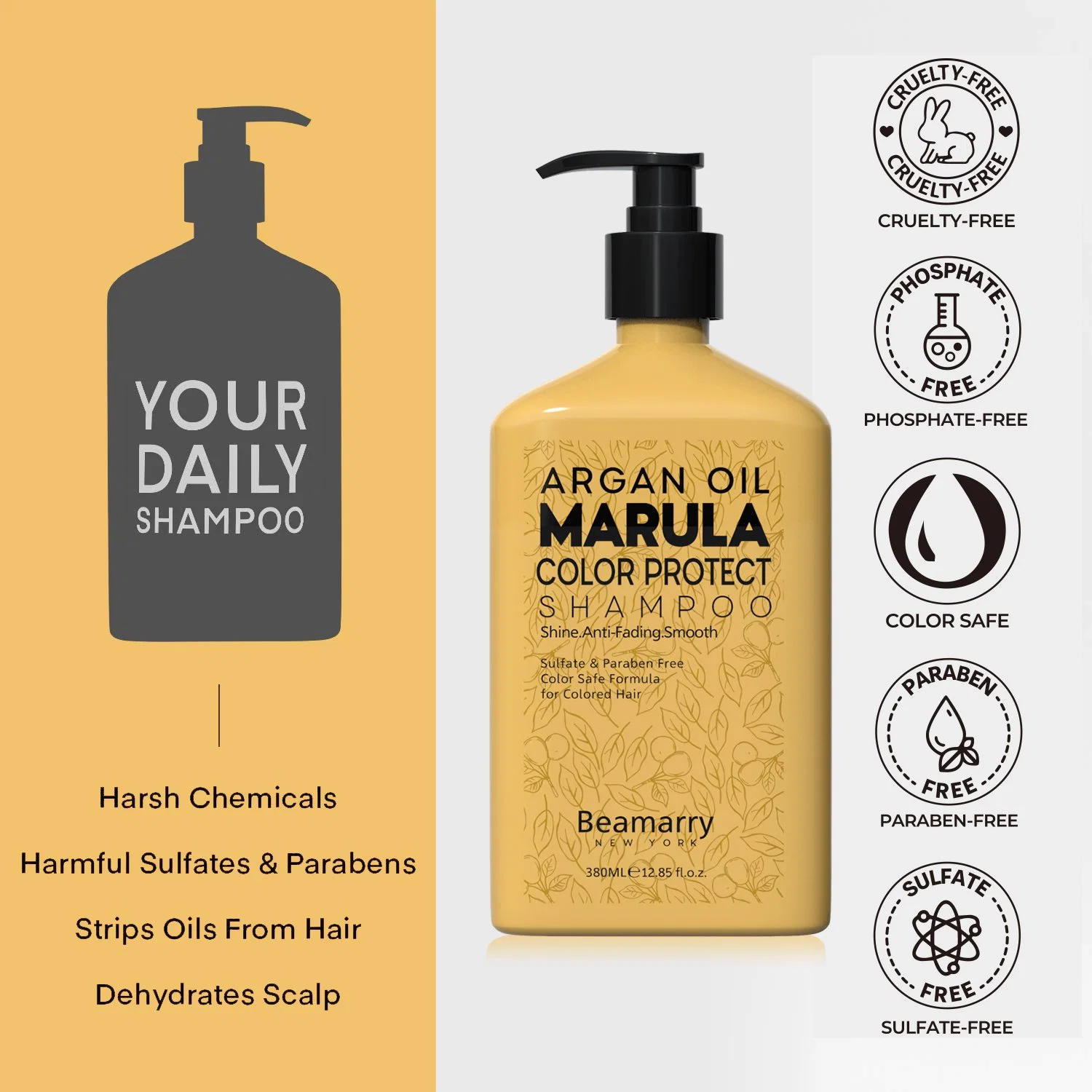 Beamarry Marca famosa profesional Cuidado del pelo OEM ODM Servicios Beamarry Aceite de argán Marula Color protege el champú para el pelo de color