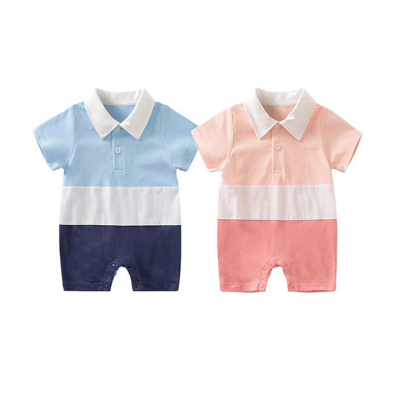 Wholesale Baby Cute Fashion Clothes Short Sleeve for Summer Spliced Horizontal Stripes Lapel Clothes Baby Romper