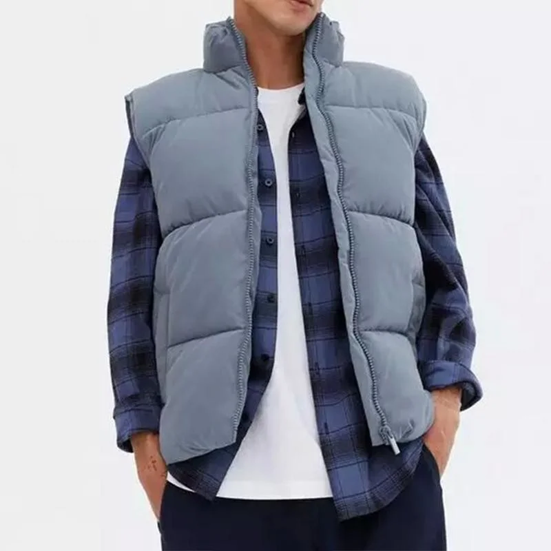 Winter Fashion Men's Stand Collar Polyester Outer Wear with Down Vest Zipper Hidden Pocket Design Men's Vest