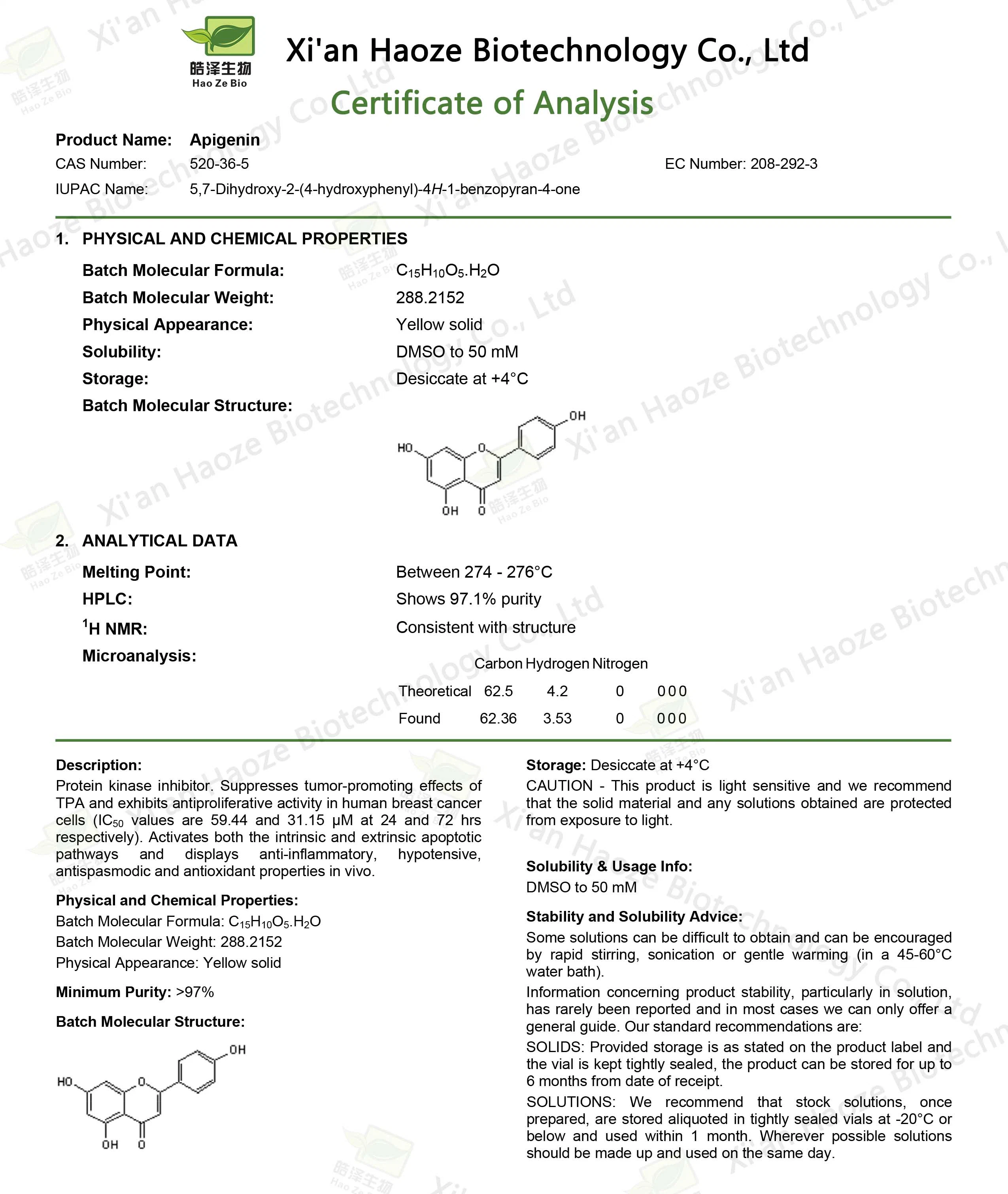 Precio de fábrica Apigenin suplemento de 98% de extracto de manzanilla Apigenin Nº CAS 520-36-5