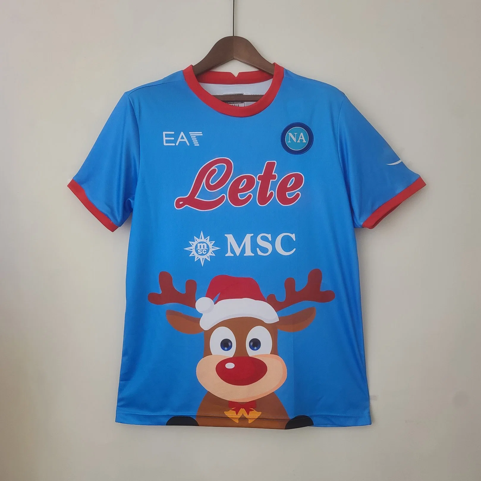 Naples Christmas Edition 2223 T-shirts de sport d'été bleus S-XXL pour homme Hauts de football à manches courtes Tee-shirt de football en jersey de haute qualité