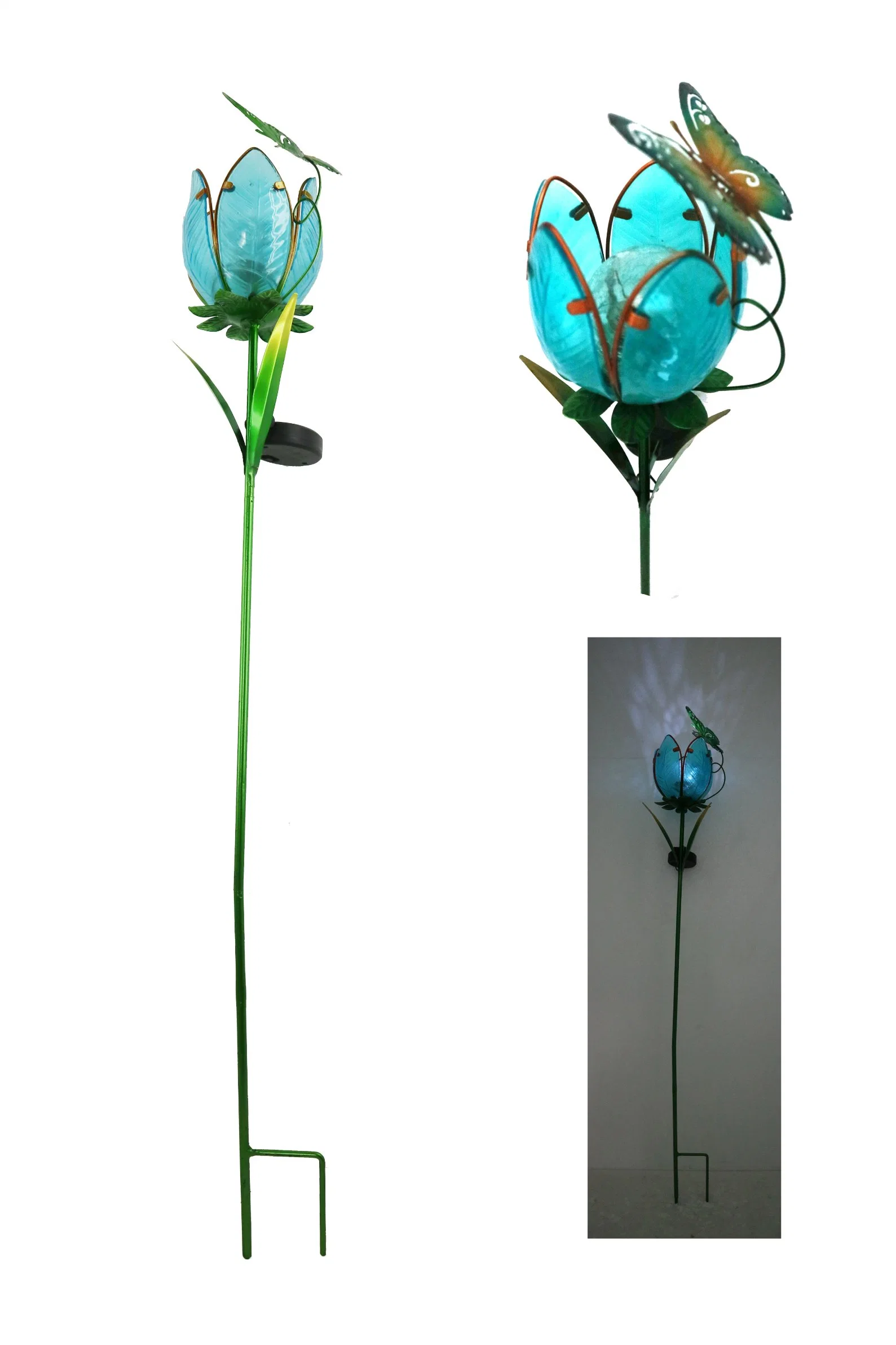 Metal Flower Garden Stake with Butterfly Honey Bird and Dragonfly with Waterproof Solar Light for Courtyard and Garden Decoration