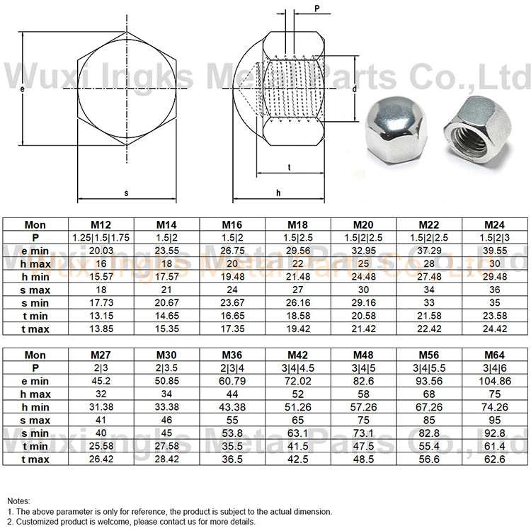 Tapa hexagonal plana de acero inoxidable 304 316 con forma de cúpula personalizada Tuerca