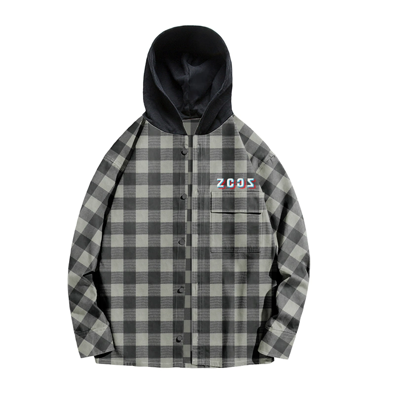 Custom Snap Silk Screen Print Logo Cotton Loose Fit Woven Hooded Flannel Shirt