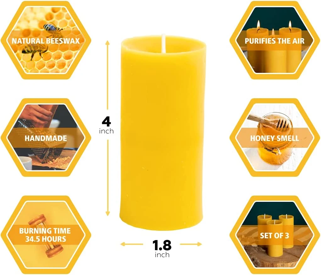 Cera de abejas pura Pilar velas 2X4 Pulgadas amarillo de 30 horas de la quema de velas artesanales