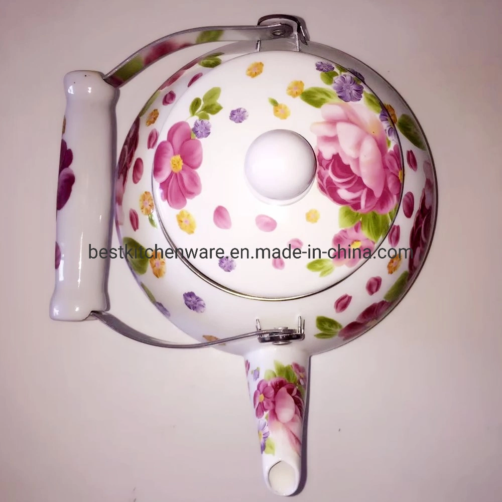 Durable Full Flower Decal Enamel Tea Kettle with Wooden Handle 2.5L