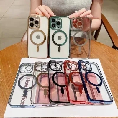 Top Sell Magsafe Transparent Case Metal Camera Lens Frame Magnetic Phone Case