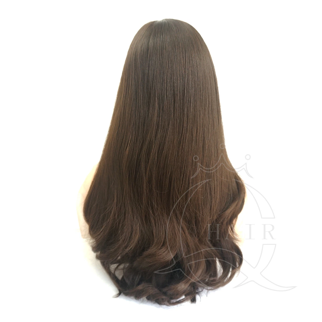 Virgin Hair C18 polegada China Ortodoxa religião cabelo humano para Kosher All Hand Ted Long Silk Top Wig Big Layer Castanho escuro com 1 polegada de tamanho grande de onda de densidade pesada