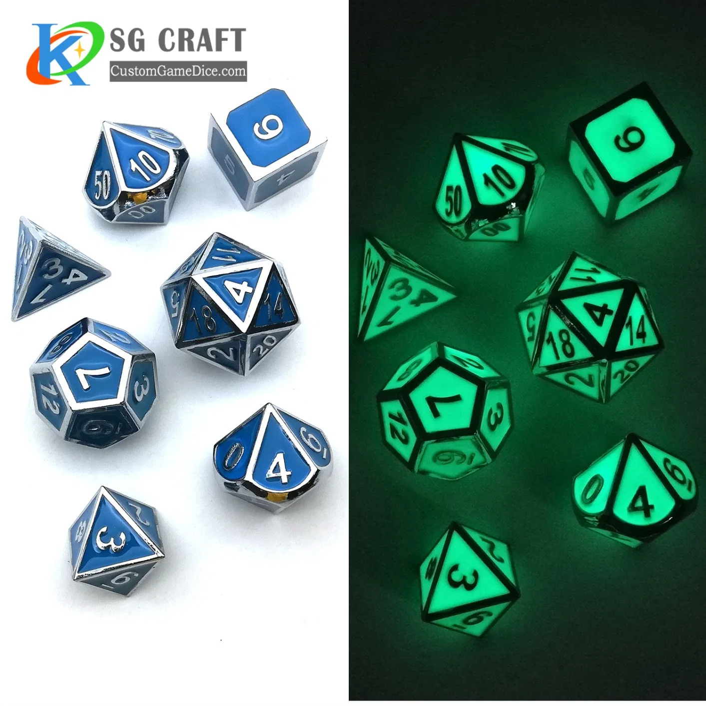 Metal Polyhedral Dice Set of 7 Pieces with Metal Case. Includes D4, D6, D8, D10, D12, D20 and D10%.