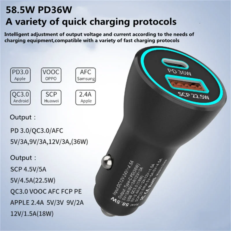 Port USB de type C La charge rapide voiture QC3.0 58.5W 36W de charge à LED PD