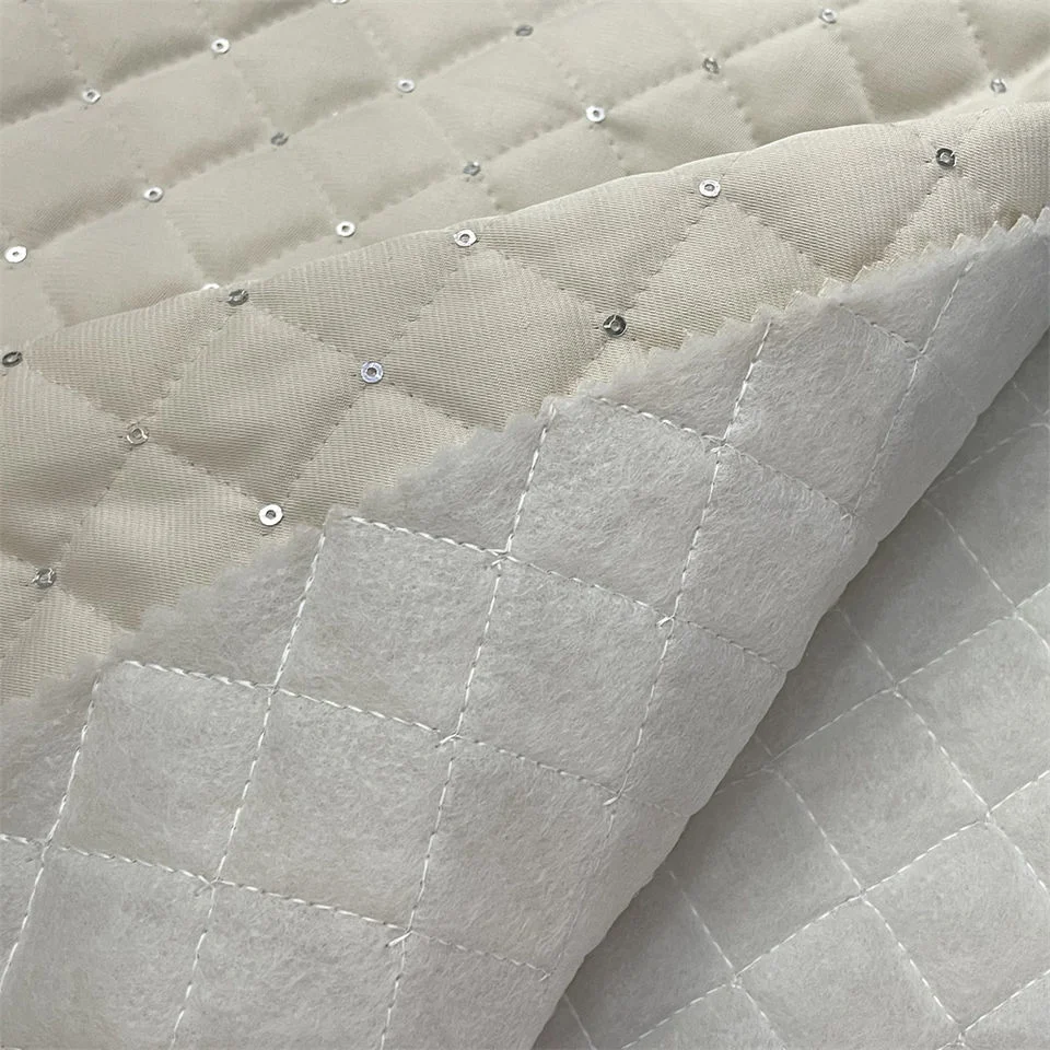 Polyester Padded Quilted Sequin Fabric Embroidery Checkered Rhombic Lattice Fabric for Bag, Bedding, Curtain, Dress, Garment, Home Textile (100%polyester)