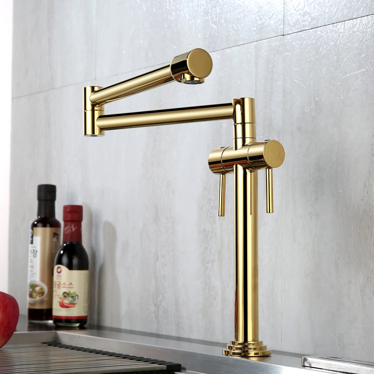 Double Lever Handle with Dual Joint Swing Arm Sink Faucet Titanium Gold Kitchen Pot Filler Faucet