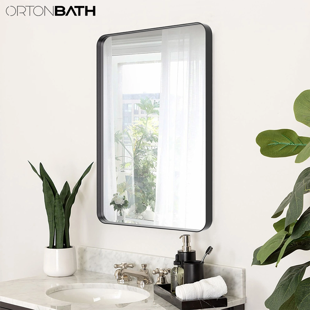 Ortonbath Round Corner Rectangular Wall Mounted Hanging Mirror for Bathroom with Brushed Black Metal Vanity Mirror for Bathroom