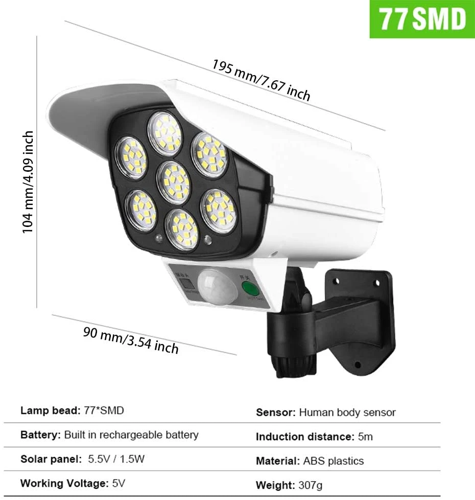 77 LED monitorização de simulação Segurança iluminação Solar Sensor de movimento parede Lâmpada