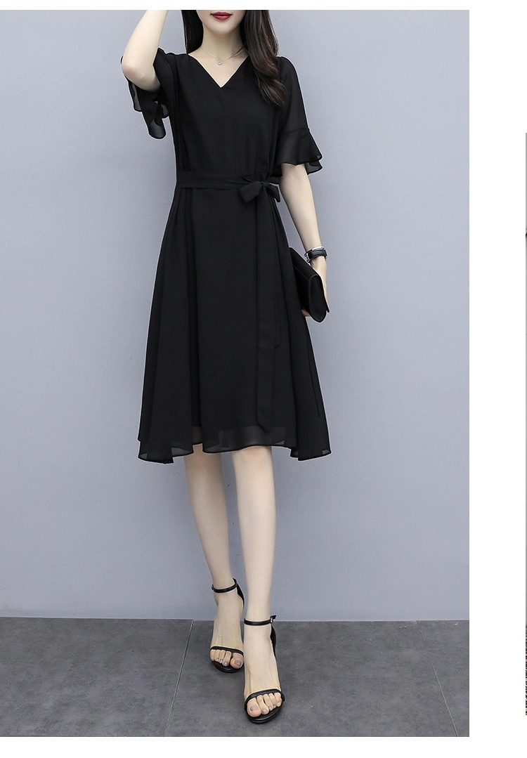 2023 Summer New Style Temperament Thin Hepburn Style V-Neck Short Sleeve Black Chiffon Dress