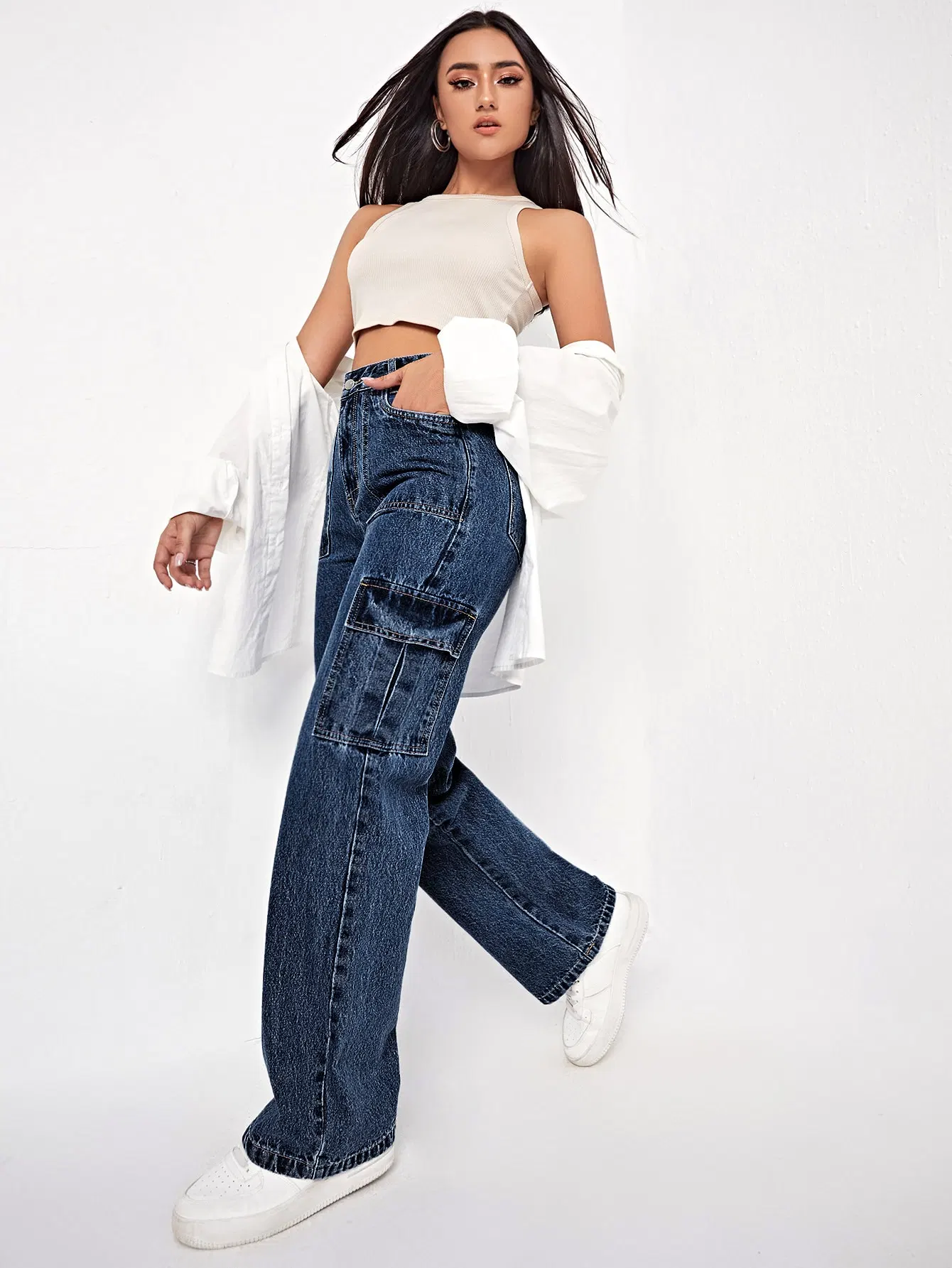 OEM &amp; ODM High Waisted Non-Stretch Qualität gerade Passform mit Patch Pocket Vorne und seitlich dunkel-blaue New Fashion Lady Jeans