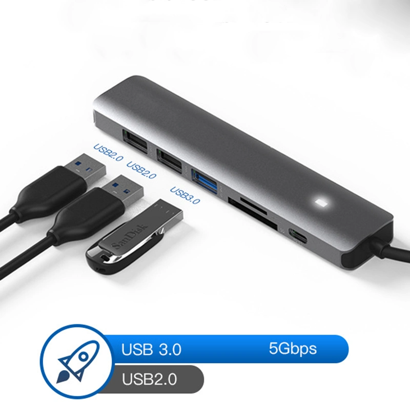 PD 100 واط، دقة 4K من النوع C، USB 3.0، موزّع كمبيوتر محمول متعدد المنافذ محول متعدد المنافذ في 1 في 7 موزع