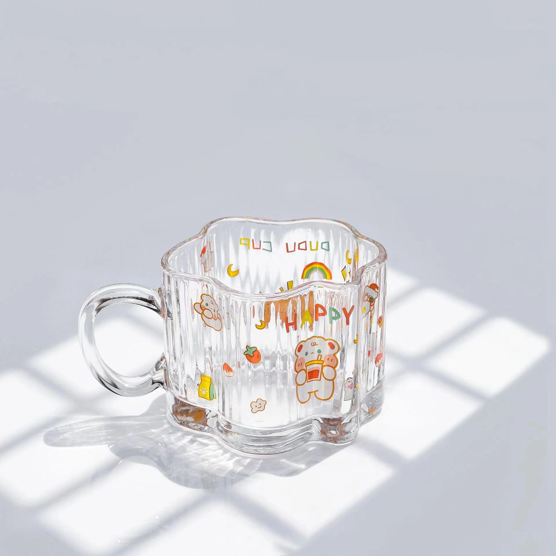 Cute Flower agua vidrio Café leche Copa Electrochapado Colorful Gold Copa RIM 260ml Cartoon forma de nube vidrio con asa