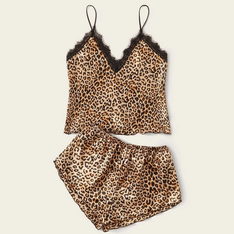 Sexy Leopard Print Sling Solid Color Suit Pajamas