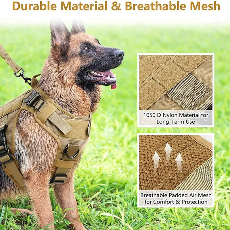 Tactical Outdoor Dog Vest Harness and Leash Set with Buckles Loop Hook and Patch Tags for K9 Training Medium Large Dogs Solid