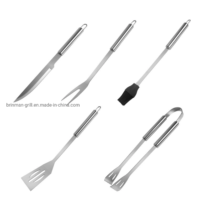 5 PCS em aço inoxidável ferramentas de churrascos com espátula Pinças Faca Garfos Escova Basting com churrasqueira Camping Cozinha Churrasqueira Tools