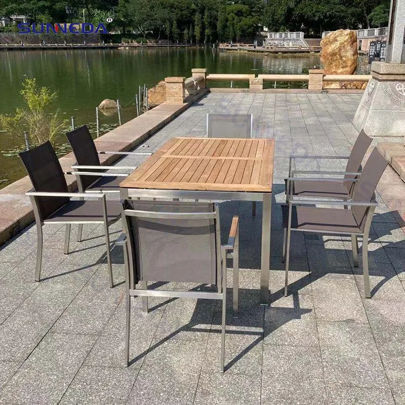 Modern Hotel Outdoor Patio Garden Furniture Manufacturer OEM Stainless-Steel Teak Finish Wood Dining Table Set with Stackable Chairs