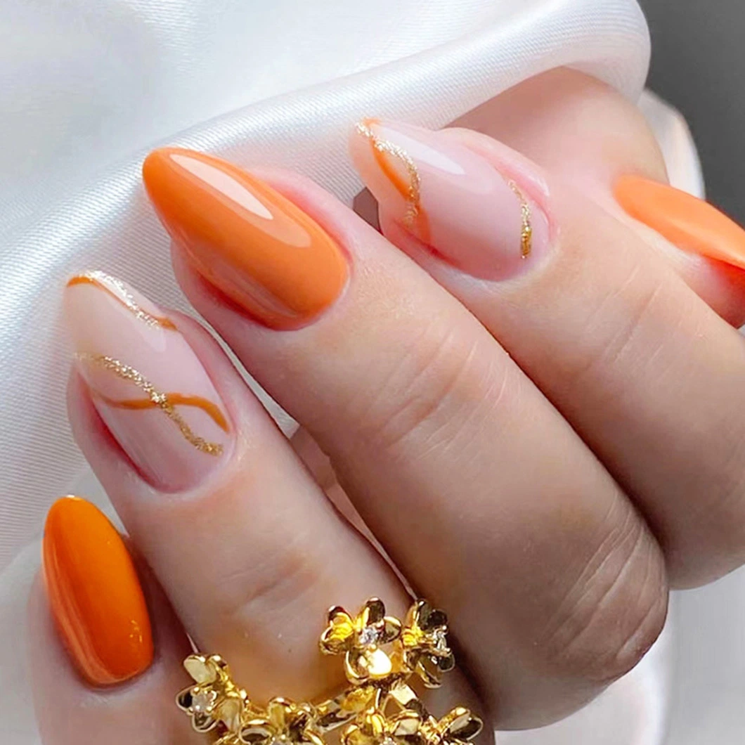 Simple Bright Orange Nail Nail Sheet Shiny Gold Powder Lines Almond Type Wearing Nail Fashion Color Jumping Europe and The United States Ins Tyle