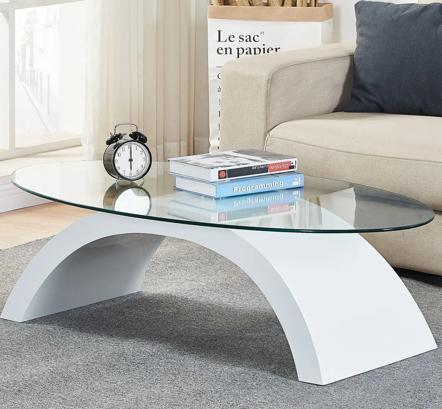 White Half Moon MDF Coffee Table Modern with Round Glass for Living Room Set Home Furniture