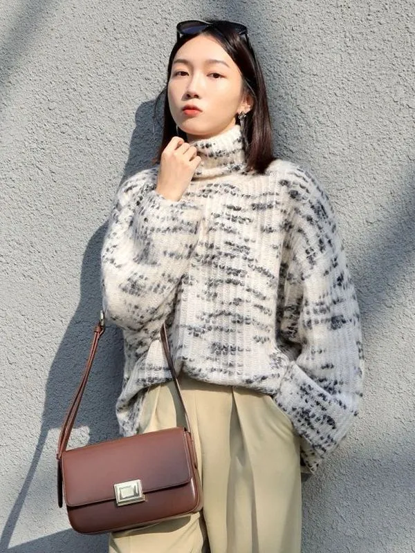 Custom Fall Winter Women Ladies Pullover Mohair Knit Turtleneck Sweater