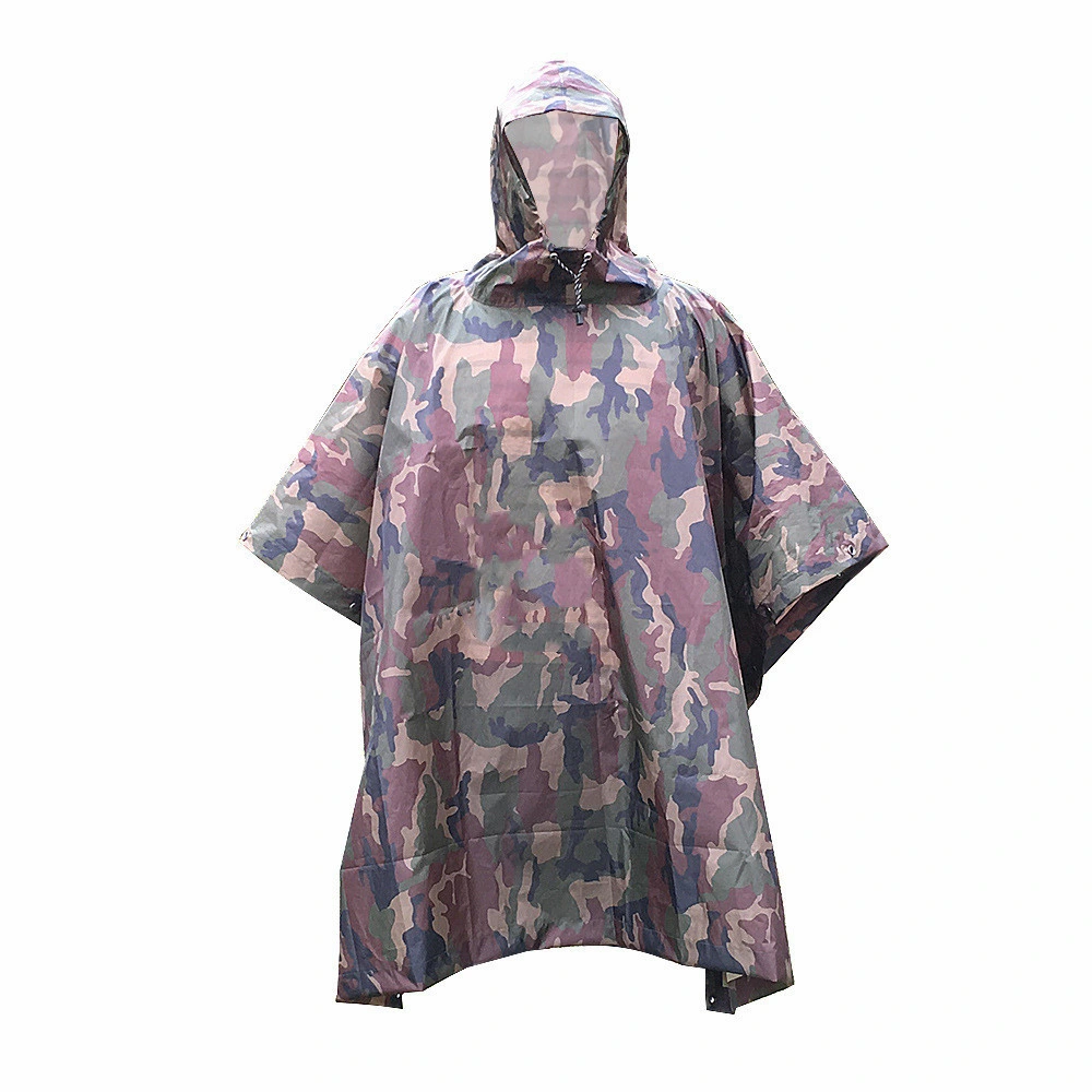 PVC العسكرية Coated Rain Gear Camo يخيّم بوليستر كرتوني مضاد للماء معطف مطر بونشو