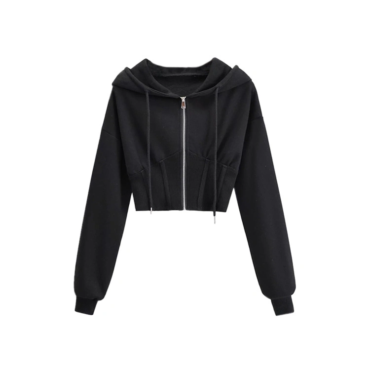 Spring New Ultra Short Style Waist Closed Fish Bone Long Sleeve Leisure Cardigan Top Sports Hooded Zipper Hoodie Coat Female