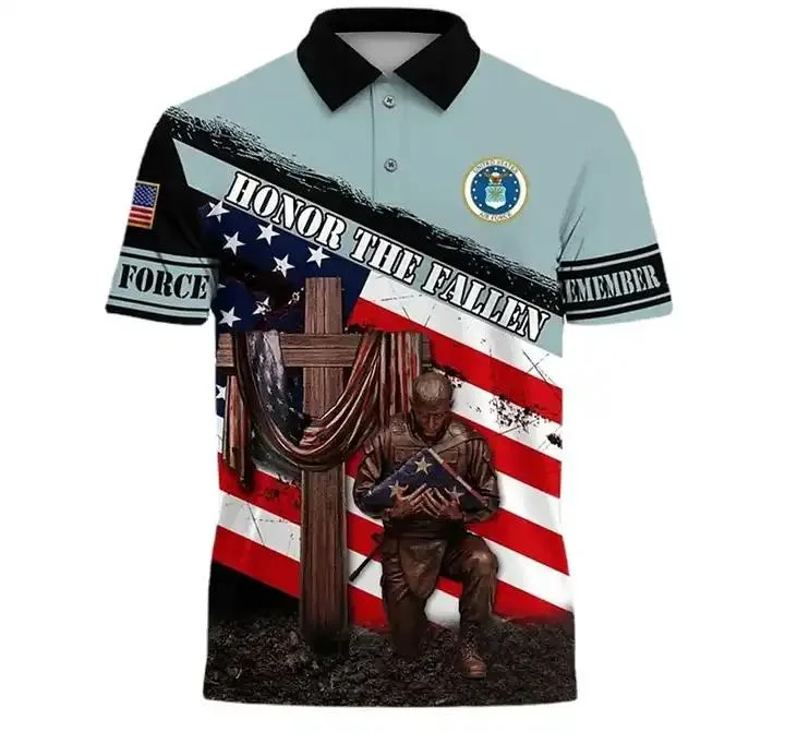 USA Flag Stars Stripe Eagle Button up All Over Print Golf Polo Shirt Short Sleeve