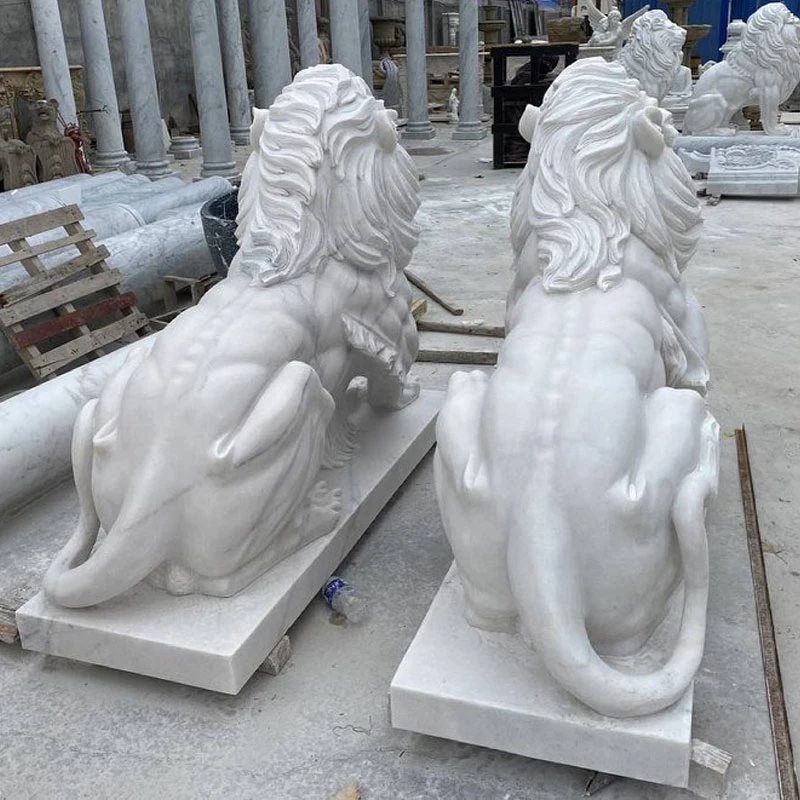 Decoration Hand Carved Stone Lions Statues Life Size White Granite Large Outdoor Marble Lion Sculpture