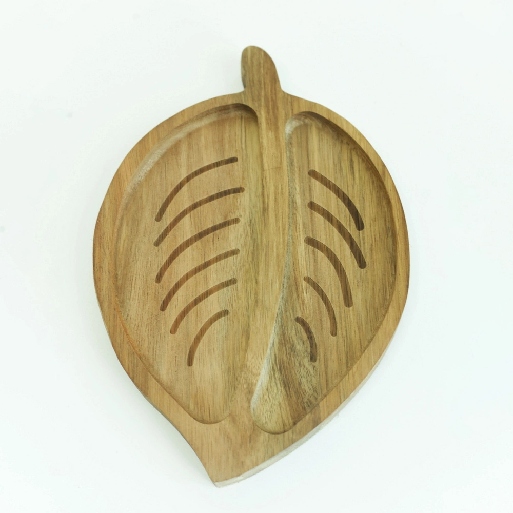 Forma de la hoja platos de madera reutilizables para servir Plato de madera para merienda Pastel