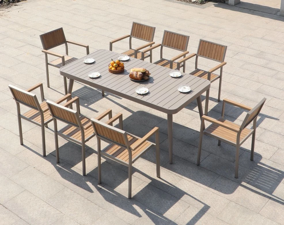 Freizeit Outdoor Kunststoff Holz Aluminium Stühle und Tische Composite wasserdicht Sonnencreme-Outdoor Courtyard Garden Hotel Milk Tea Shop