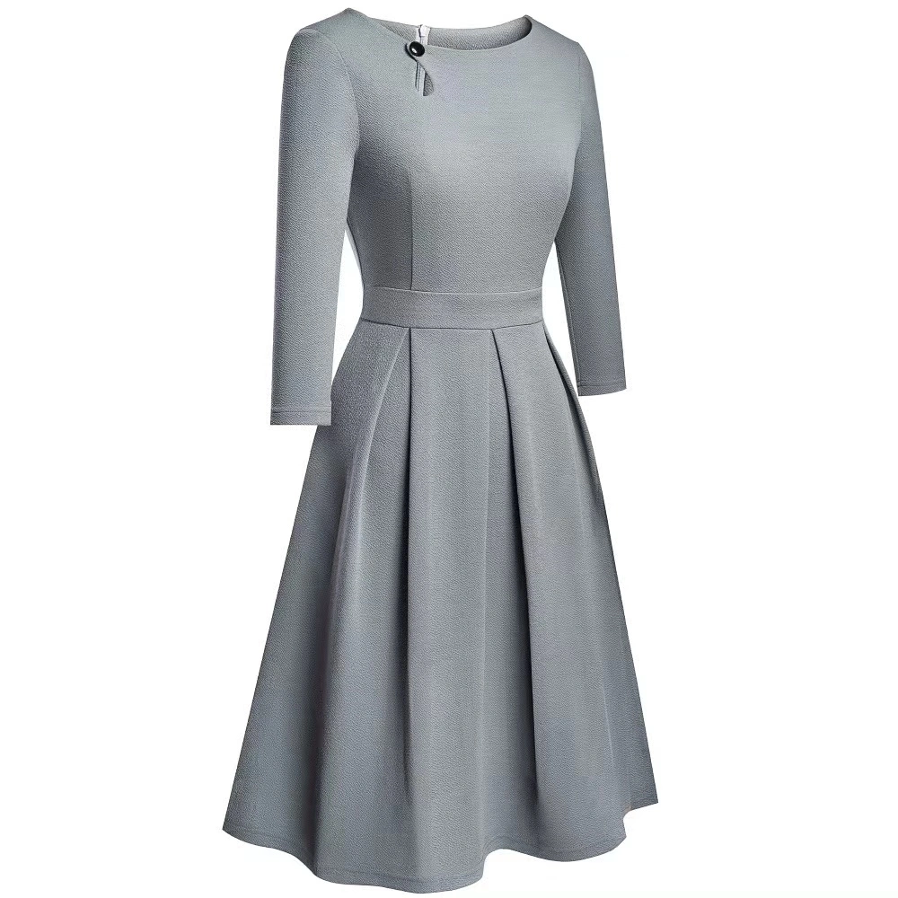 Ladies Unique Button Keyhole Knitted Apparel Half-Sleeve Pleated Skirt Big Hem Dress