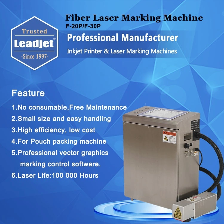 Leadjet 20W Fiber Laser Marks The Lot Number Date on The Plastic Bak The Packing Machine F-20p