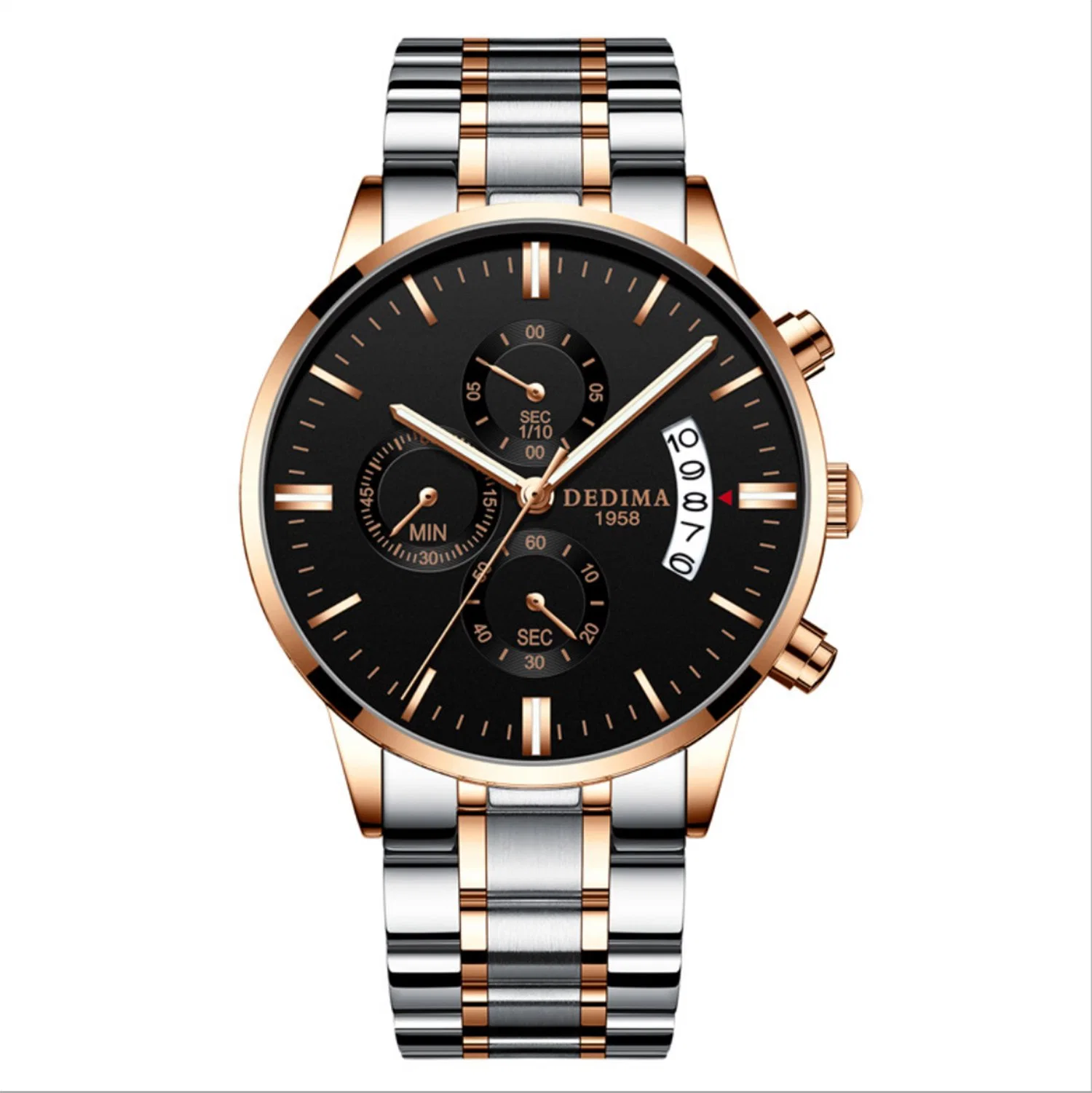 Dedima Butterfly Snap Buckle Solid Steel Band Reloj impermeable para hombre Reloj luminoso de Cuarzo de 6 pines y tres ojos de vidrio revestido Lw1018