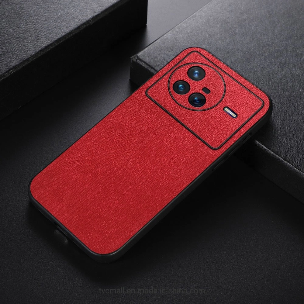 Wood Texture PU Leather Back Case for Vivo X80, TPU Frame Colorful Phone Protective Cover Accessory - Red