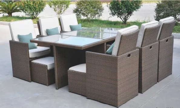 Factory Price Custom Wholesale Modern Rattan Furniture Iron Frame Garden Dining Table and 6 Chairs Set for Outdoor Lounge Set