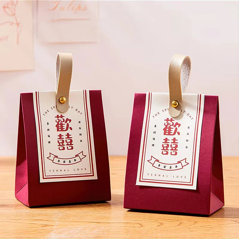 Red Erect Bags Packing Boxes for Wedding with Rivet and Leathery Handle Rope (spot goods)