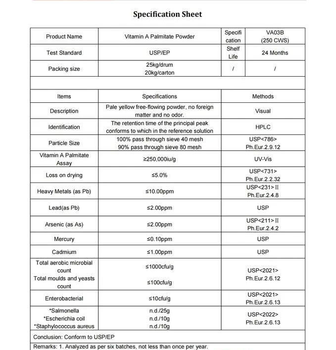 Bester Preis Lebensmittelqualität CAS 79-81-2 Vitamin A Palmitate