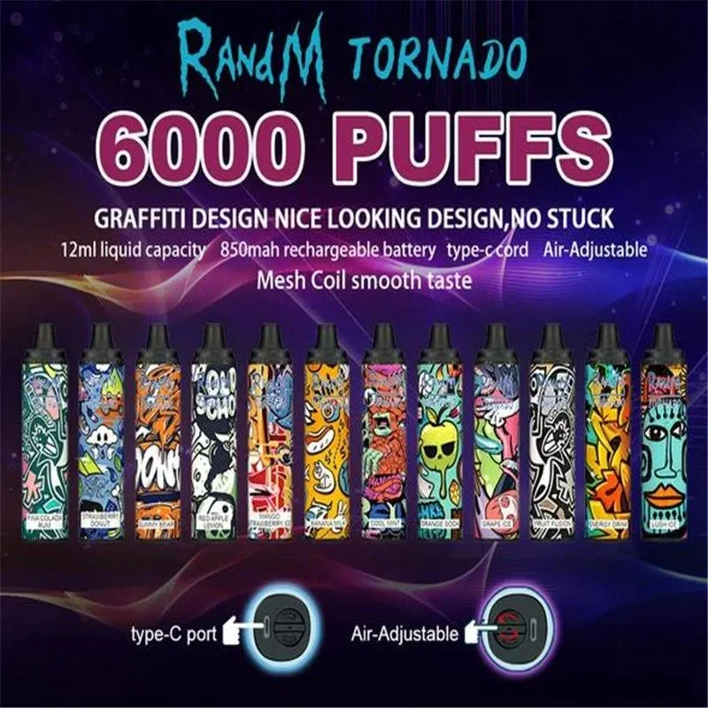 USA Popular 32 Geschmacksrichtungen Randm Tornado 6000 Puffs Mesh Coil Einweg-Papeln mit 0% 2% 3% 5% Nikotin